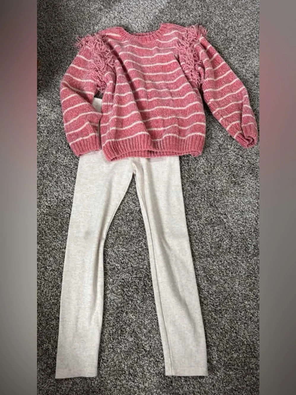 Jessica Simpson Pink and Ivory Striped Fringe Crewneck Set
